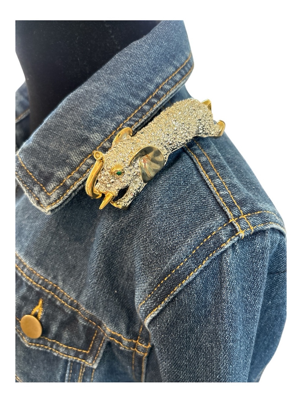 Elephant Shoulder Brooch Pin - Gold & Silver with Green Rhinestone Eyes